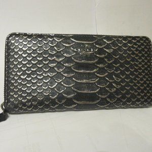 Coach Metallic Leather Accordion Zip Wallet F56283 Gray Snake Python Glitter